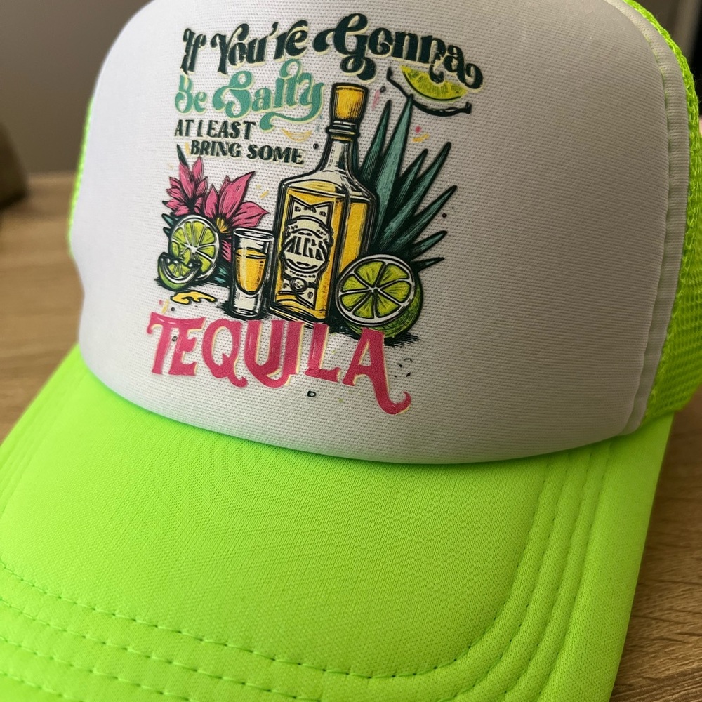 Neon Green Trucker Hat with Tequila Design